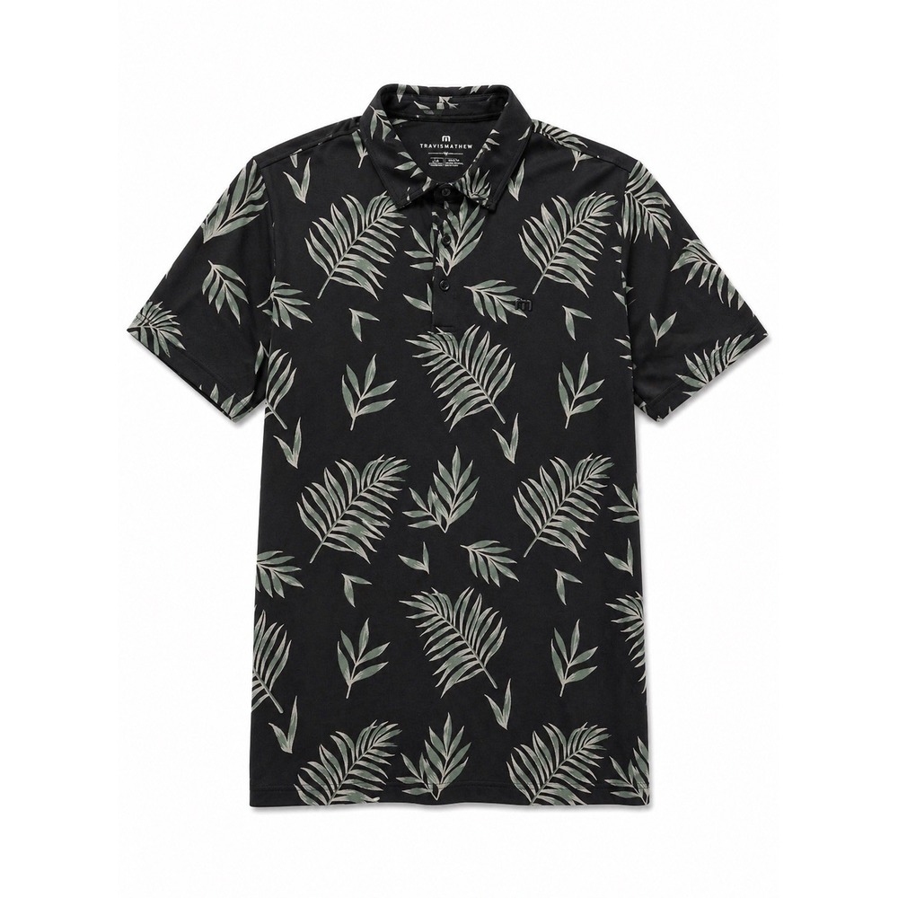 TravisMathew Golf Polo L Black Palm Print Resort Casual Stretch Aloha Peru